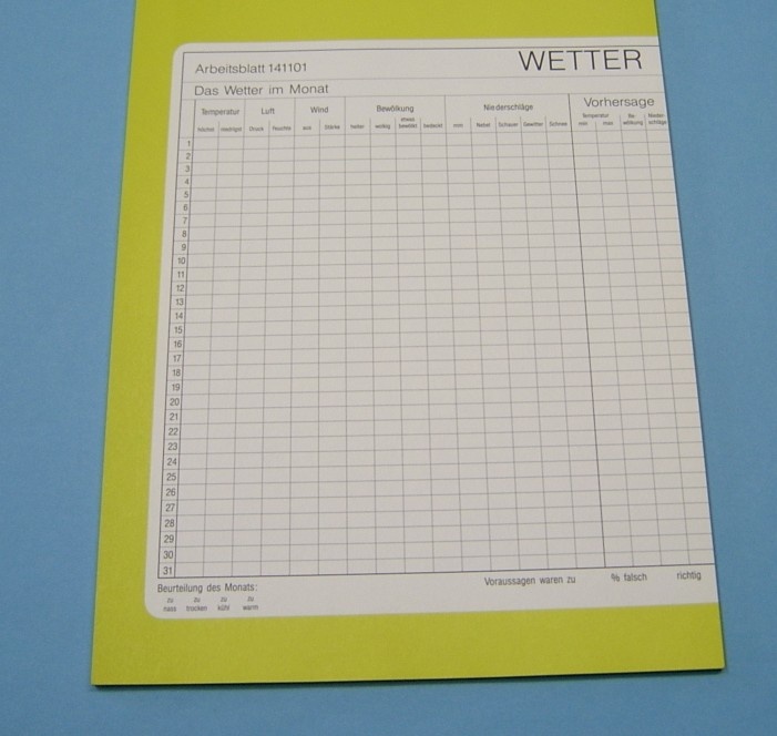 Wetterbeobachtungs-Arbeitsblatt, Block mit 30 Blatt