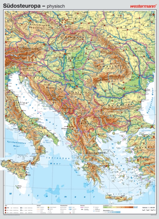 Wandkarte Südosteuropa, physisch/politisch, 147x202 cm