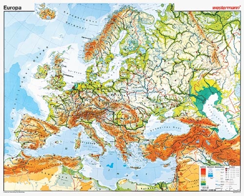 Wandkarte Europa, (mit Küste Nordafrika), physisch, 202x185cm