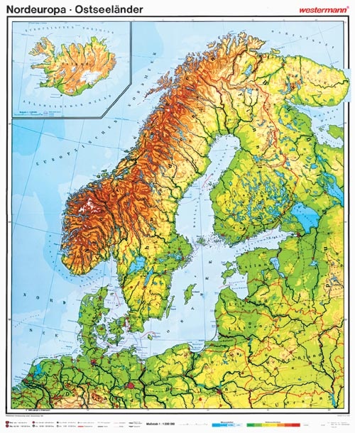 Wandkarte Nordeuropa  Ostseeländer, physisch/politisch, 147x202cm