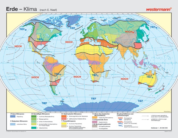 Wandkarte Die Erde, Klimazonen, nach E. Neef, 140x100 cm