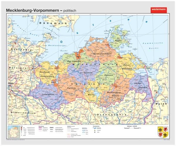 Wandkarte Mecklenburg-Vorpommern, politisch, 178x147 cm
