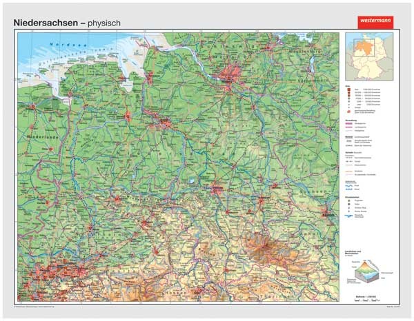 Wandkarte Niedersachsen, phys/pol., 190x147 cm, mit Bestäbung