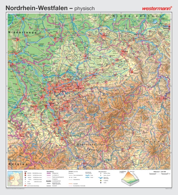 Wandkarte Nordrhein-Westfalen, physisch/politisch, 147x161cm