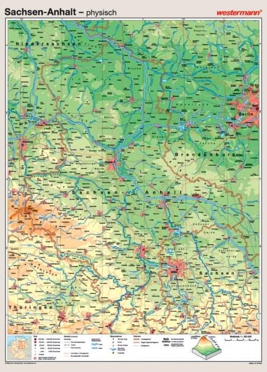 Wandkarte Sachsen-Anhalt, phy./pol., 147x202 cm, mit Bestäbung