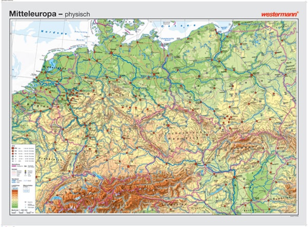 Wandkarte Mitteleuropa, phys./pol., 202x147 cm, mit Bestäbung