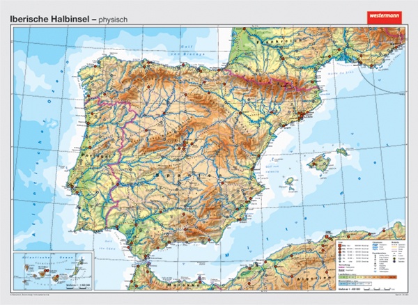 Wandkarte Iberische Halbinsel, physisch/politisch, 202x147 cm