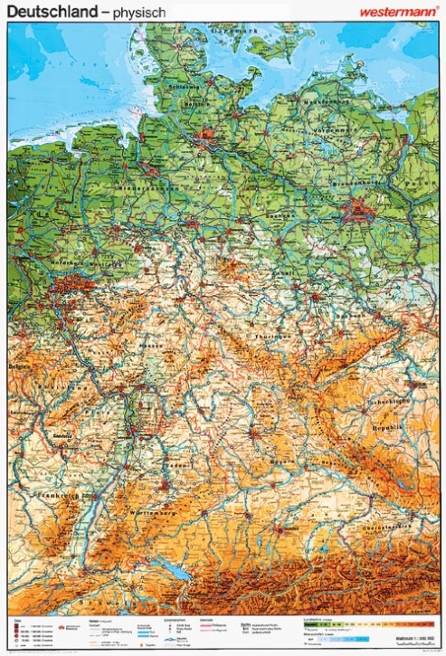 Wandkarte Deutschland, physisch, 147 x 202cm