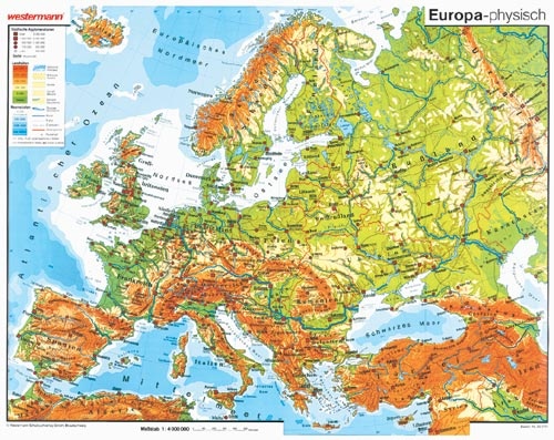 Wandkarte Europa, physisch / Übungskarte, 155x144cm
