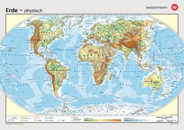 Wandkarte Die Erde, physisch/stumm, 140x100 cm