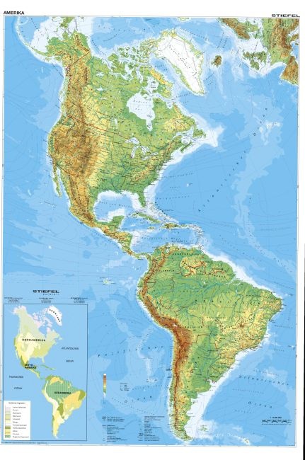 Wandkarte Amerika, Nord- und Südamerika, physisch, 140 x 200cm