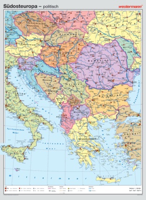 Wandkarte Südosteuropa, physisch/politisch, 147x202 cm