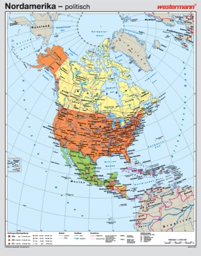 Wandkarte Nordamerika, phys./pol. 131x167cm, mit Bestäbung
