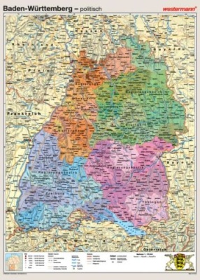 Wandkarte Baden-Württemberg, phys./pol. Mit Bestäbung