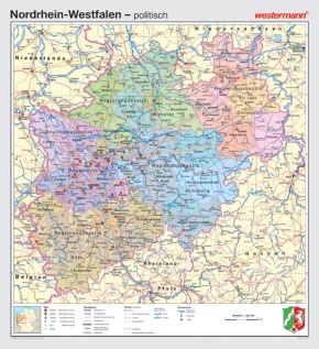 Wandkarte Nordrhein-Westfalen, physisch/politisch, 147x161cm