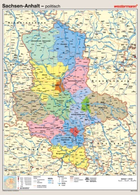 Wandkarte Sachsen-Anhalt, phy./pol., 147x202 cm, mit Bestäbung