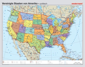 Wandkarte USA, physisch/politisch,  187x148cm
